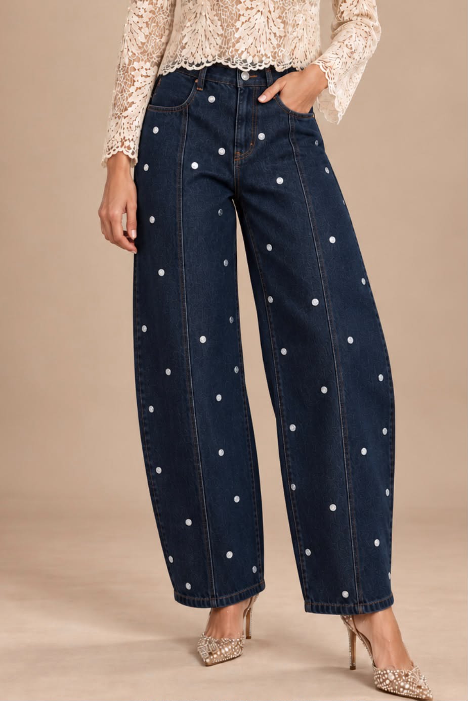 White dots denim barrel pants