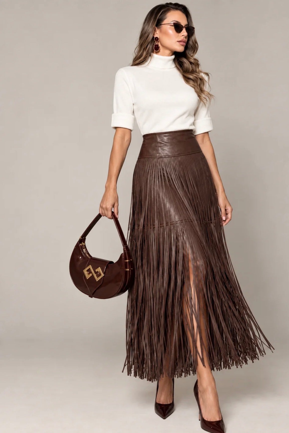Leather Brown Fringe Skirt