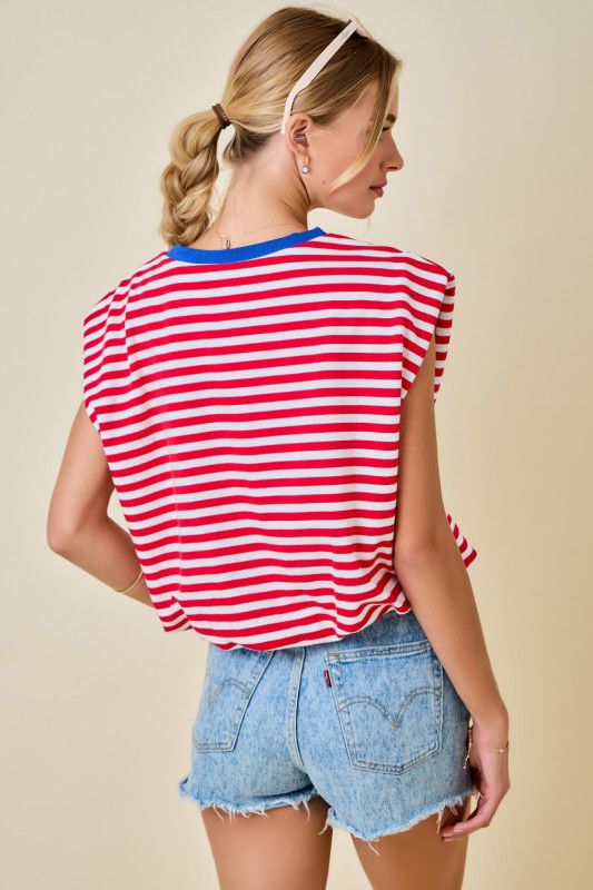 BOXY STRIPE SLEEVELESS TOP W/ CONTRAST RIB NECK & BUBBLE HEM