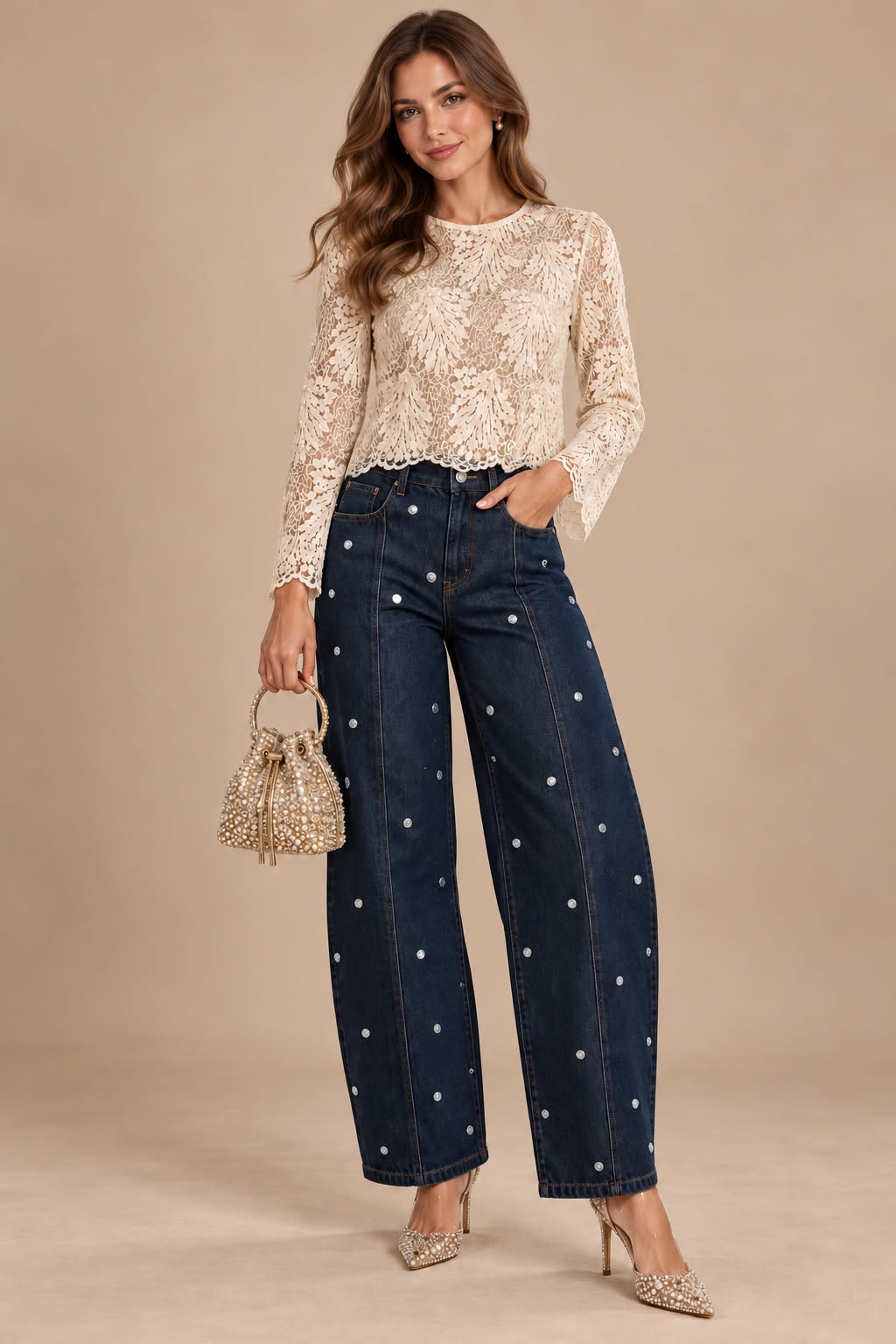 White dots denim barrel pants