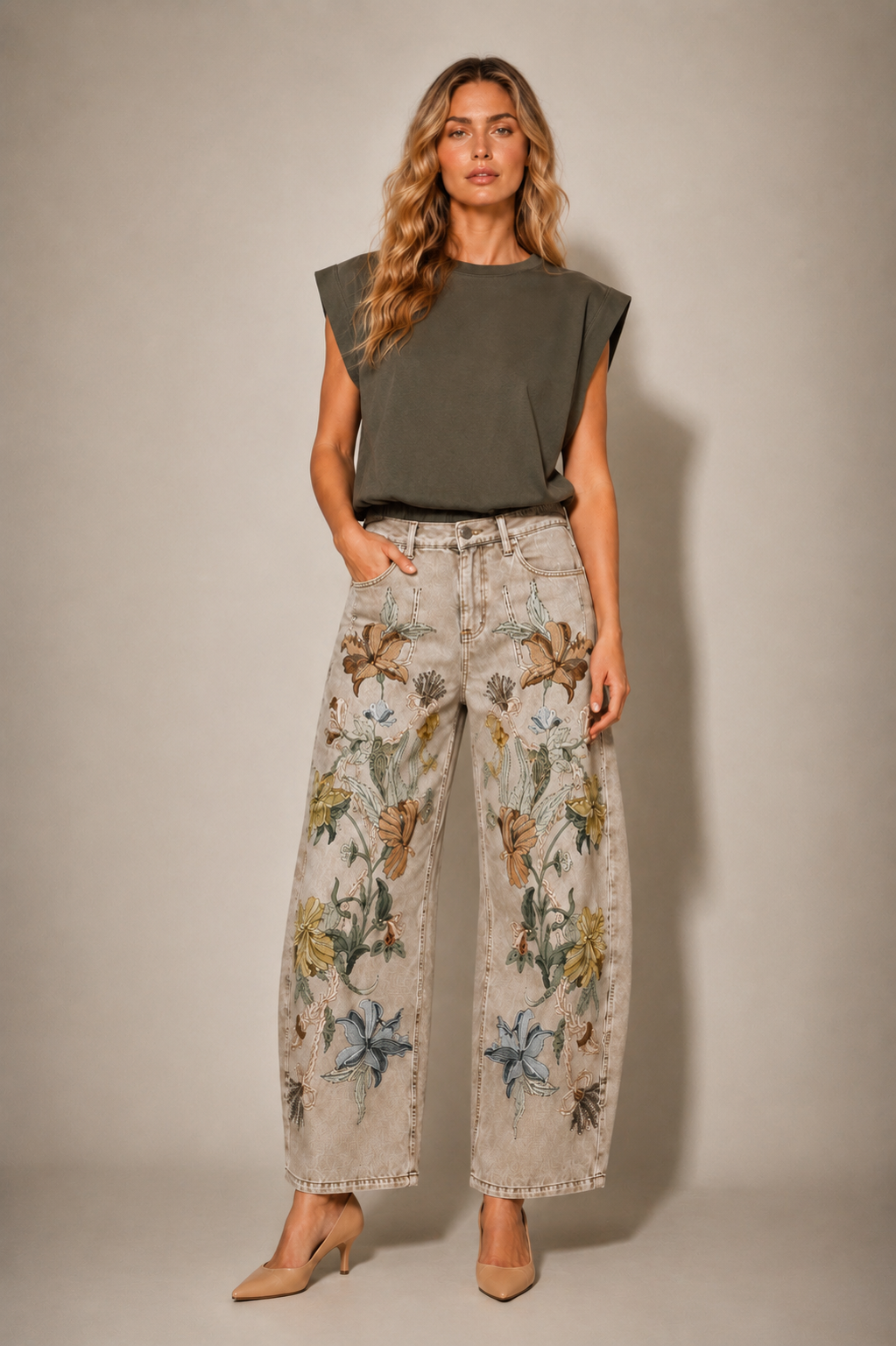 Vintage Botanical print Barrel-Leg Denim Jeans