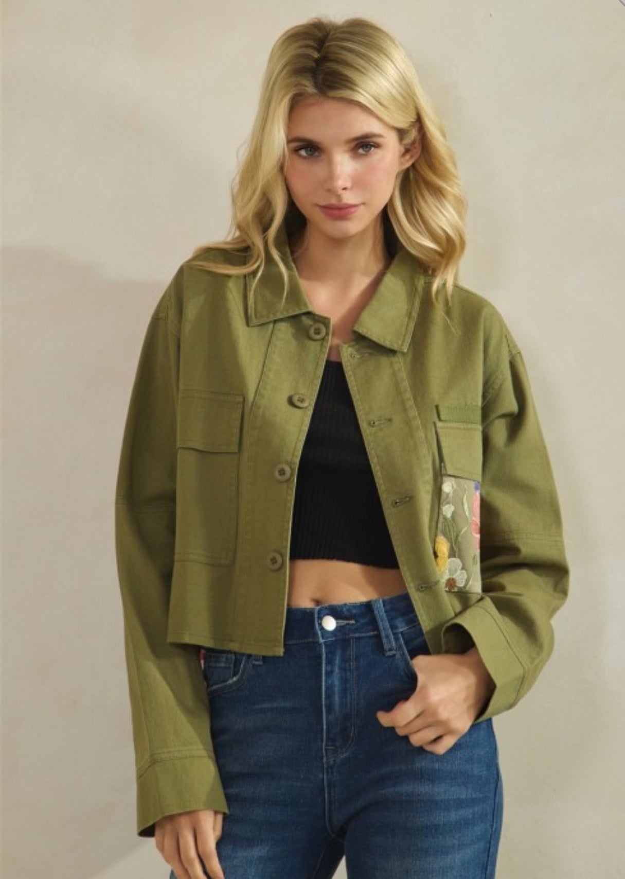 Jacket denim with Lace Flower contrast .