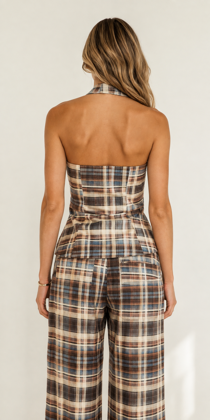 Plaid halter vest and barrel pants SET