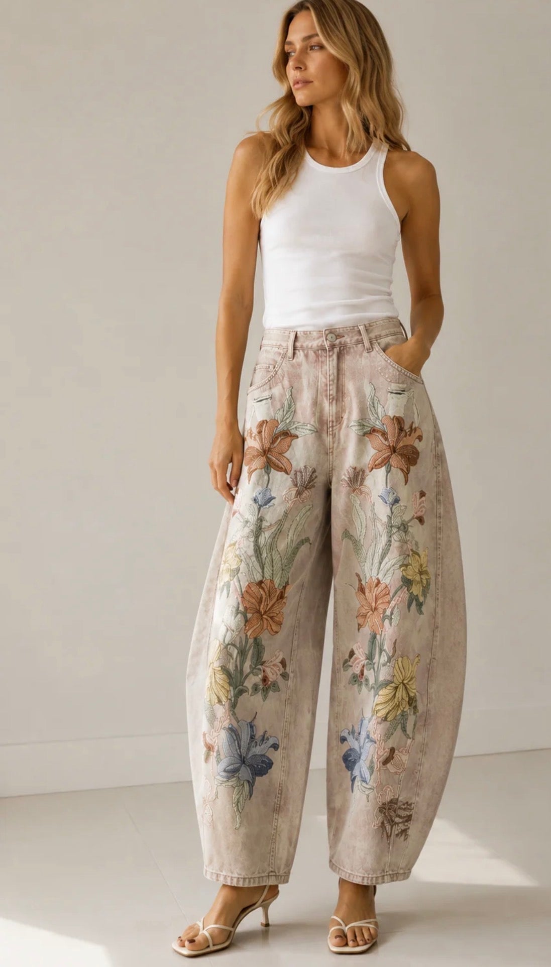 Vintage Botanical print Barrel-Leg Denim Jeans