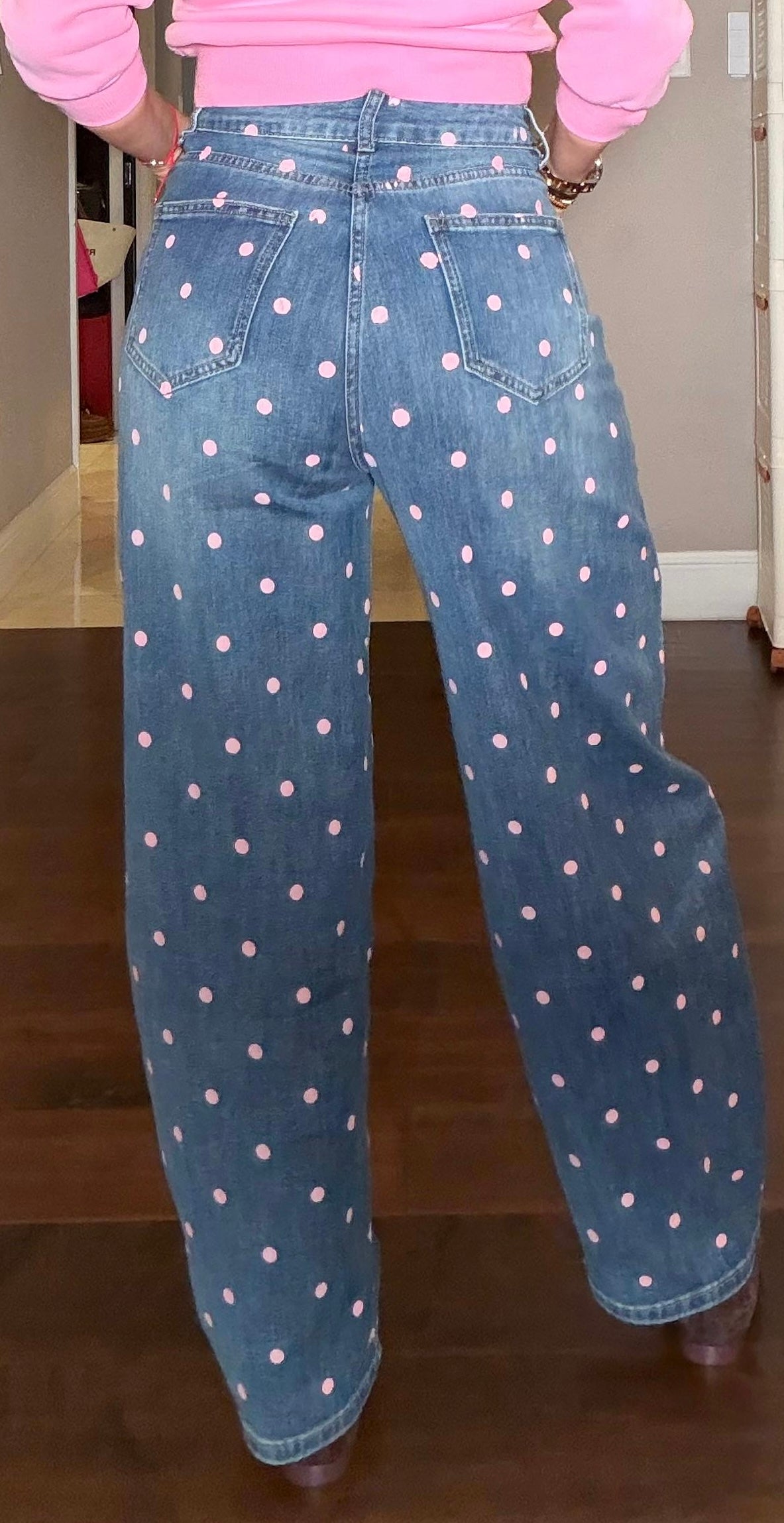 Polka dots pink denim jeans