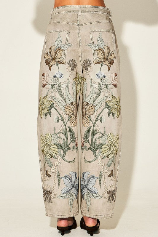 Vintage Botanical print Barrel-Leg Denim Jeans