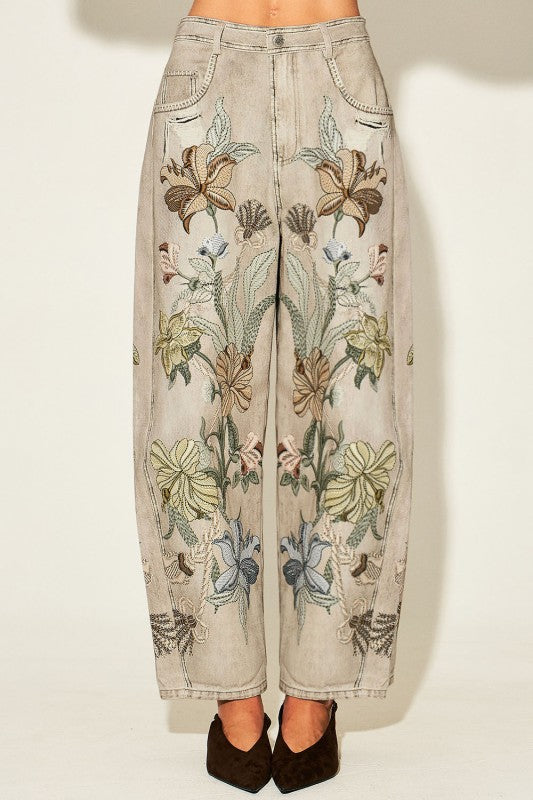 Vintage Botanical print Barrel-Leg Denim Jeans
