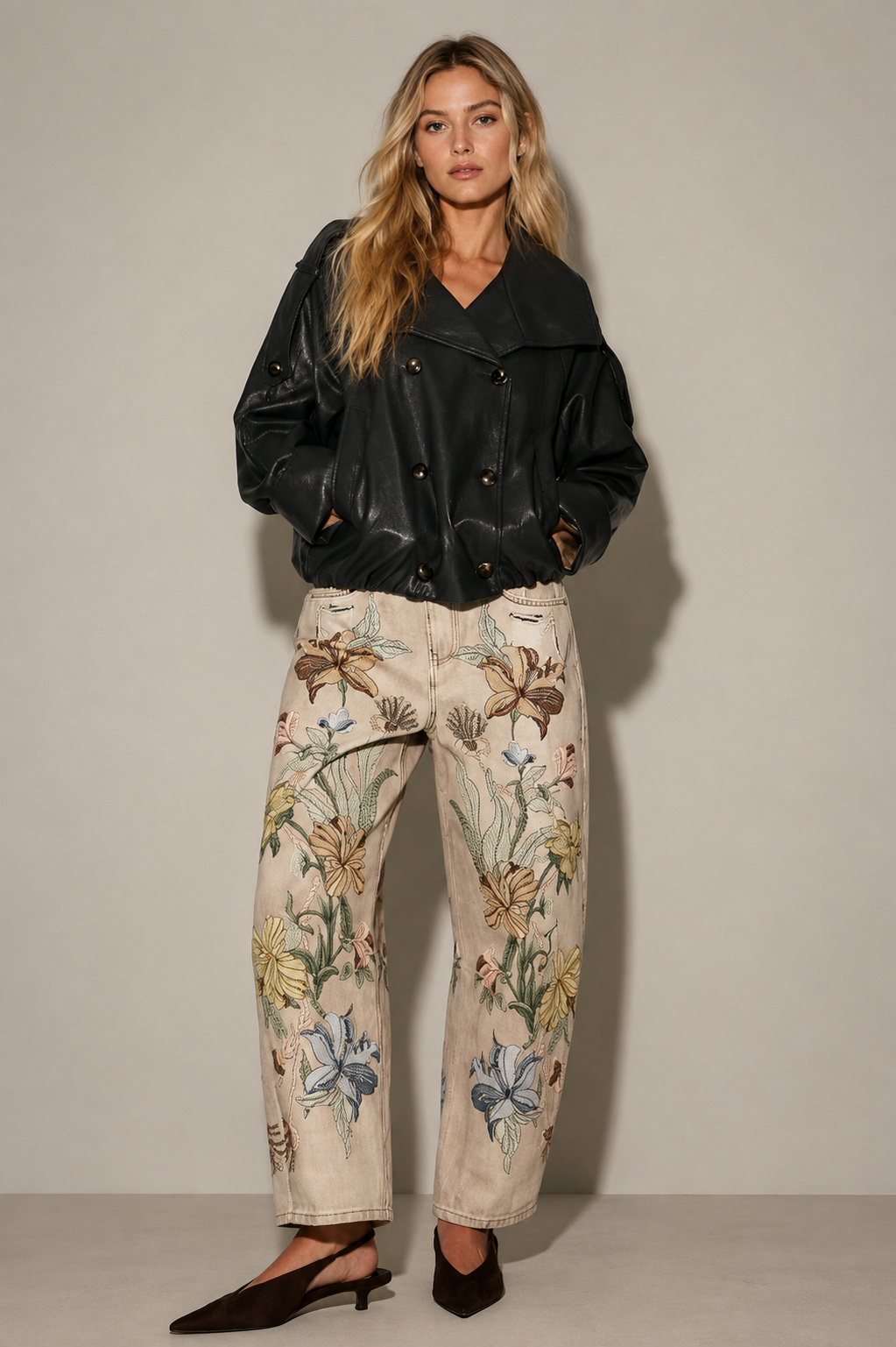 Vintage Botanical print Barrel-Leg Denim Jeans