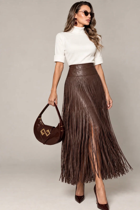 Leather Brown Fringe Skirt