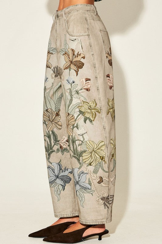 Vintage Botanical print Barrel-Leg Denim Jeans