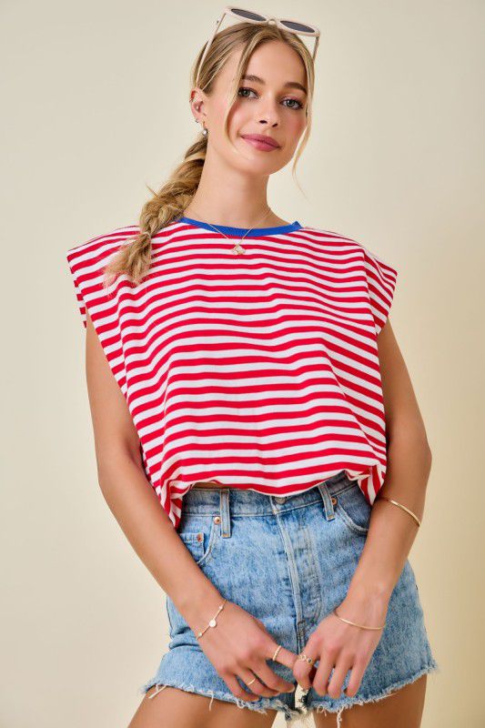 BOXY STRIPE SLEEVELESS TOP W/ CONTRAST RIB NECK & BUBBLE HEM