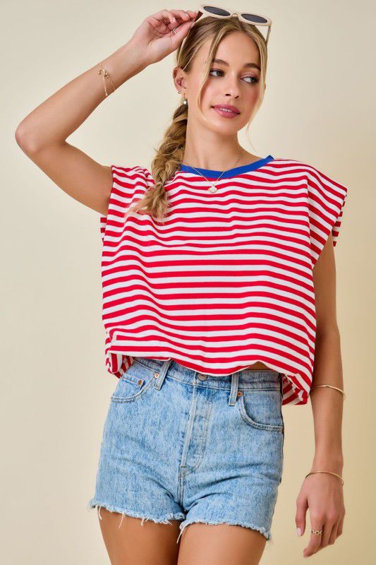 BOXY STRIPE SLEEVELESS TOP W/ CONTRAST RIB NECK & BUBBLE HEM