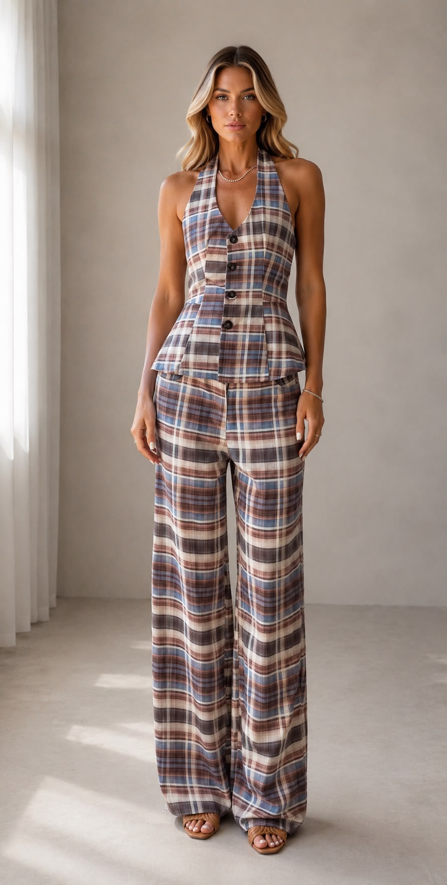 Plaid halter vest and barrel pants SET