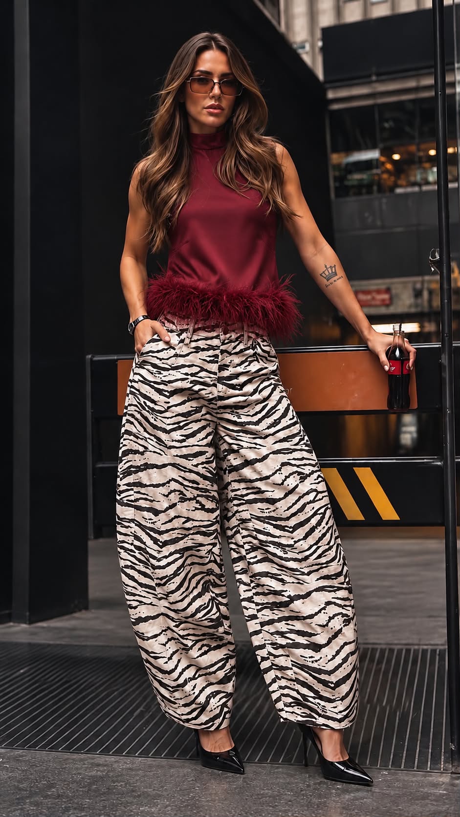 Feather Trim High-Neck Satin Top