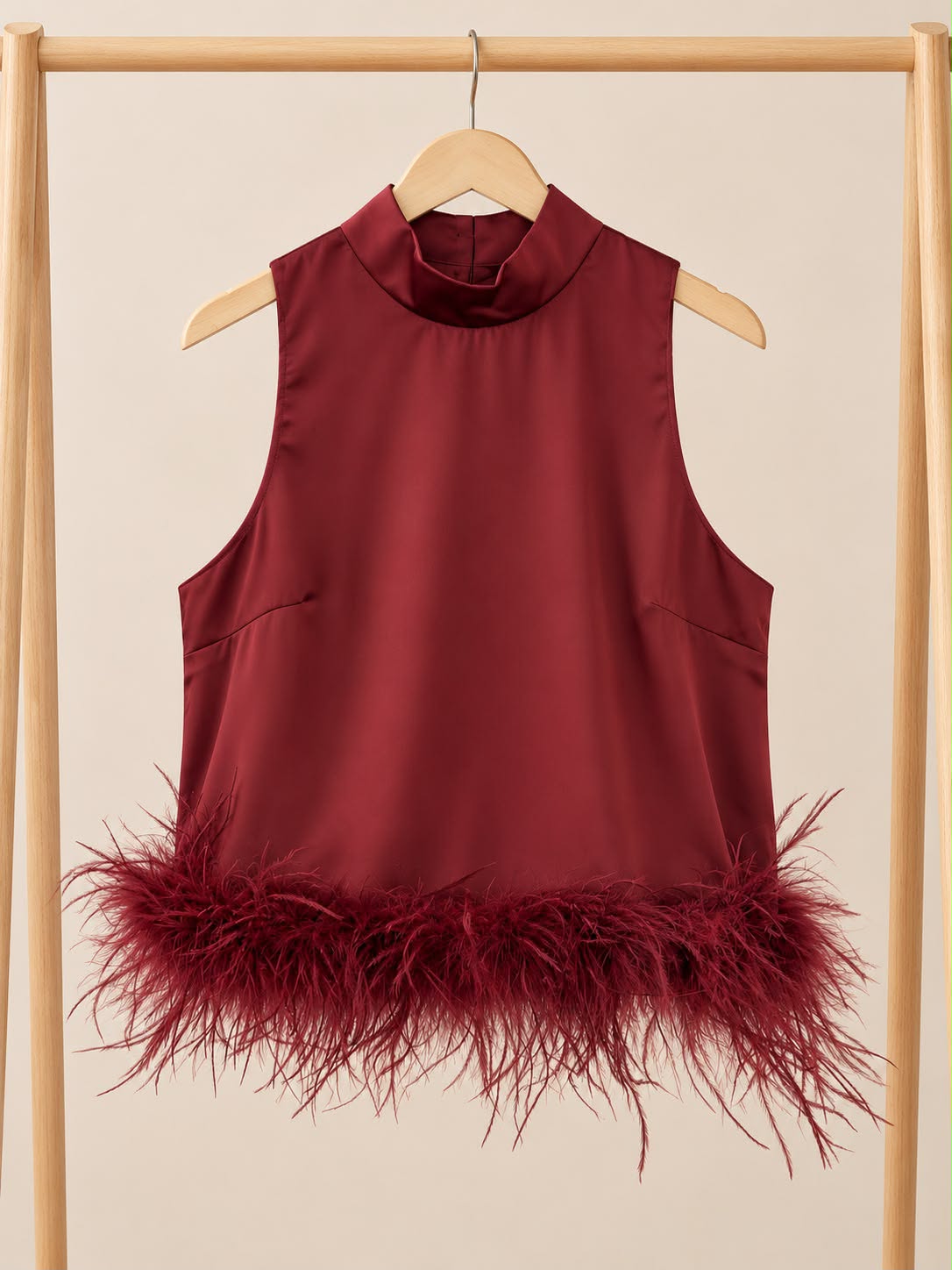 Feather Trim High-Neck Satin Top